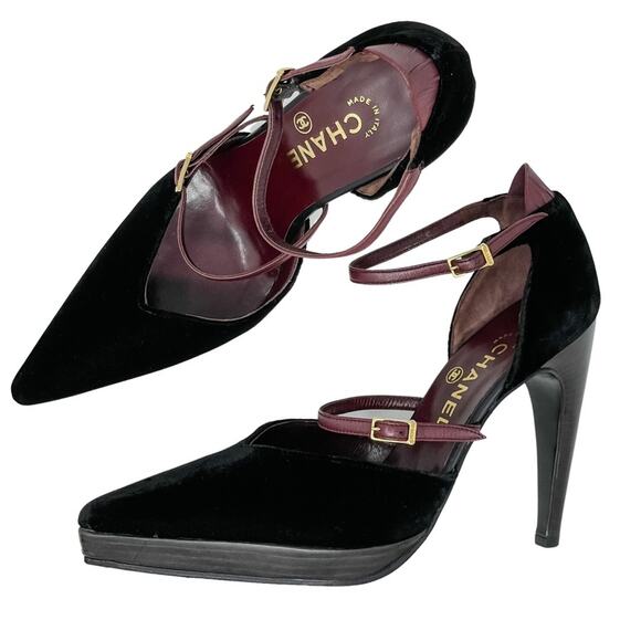 Chanel Vintage Point Toe d’Orsay Velvet & Wood Platform High Heels size 38/US 7 - Picture 14 of 14